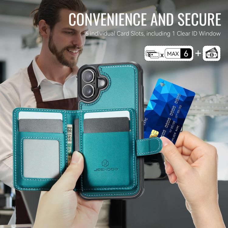 For iPhone 16 Plus JEEHOOD J09 Buckle Card Bag MagSafe Magnetic Style RFID Leather Phone Case