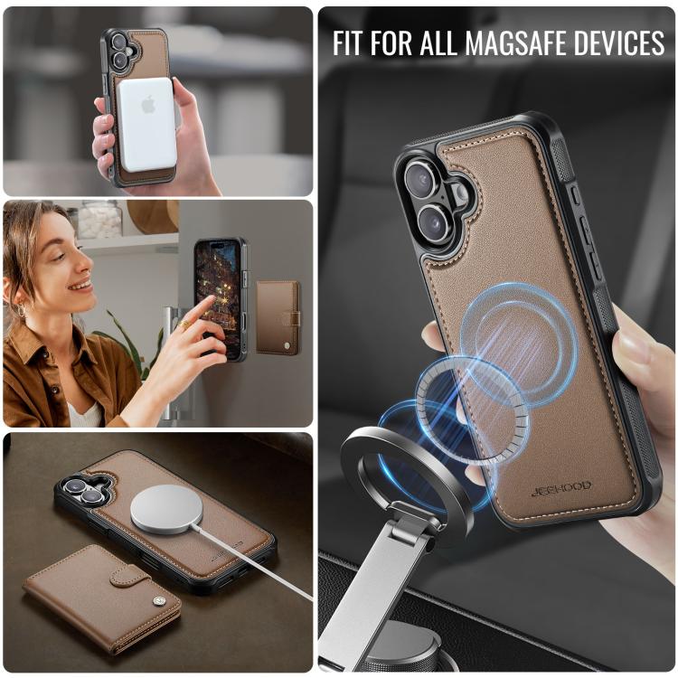 For iPhone 16 Plus JEEHOOD J09 Buckle Card Bag MagSafe Magnetic Style RFID Leather Phone Case