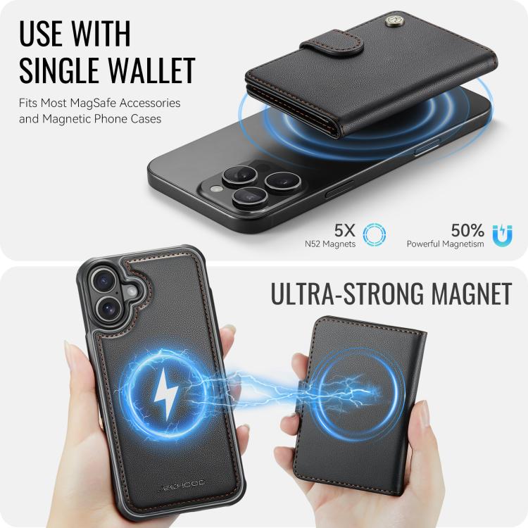 For iPhone 16 Plus JEEHOOD J09 Buckle Card Bag MagSafe Magnetic Style RFID Leather Phone Case