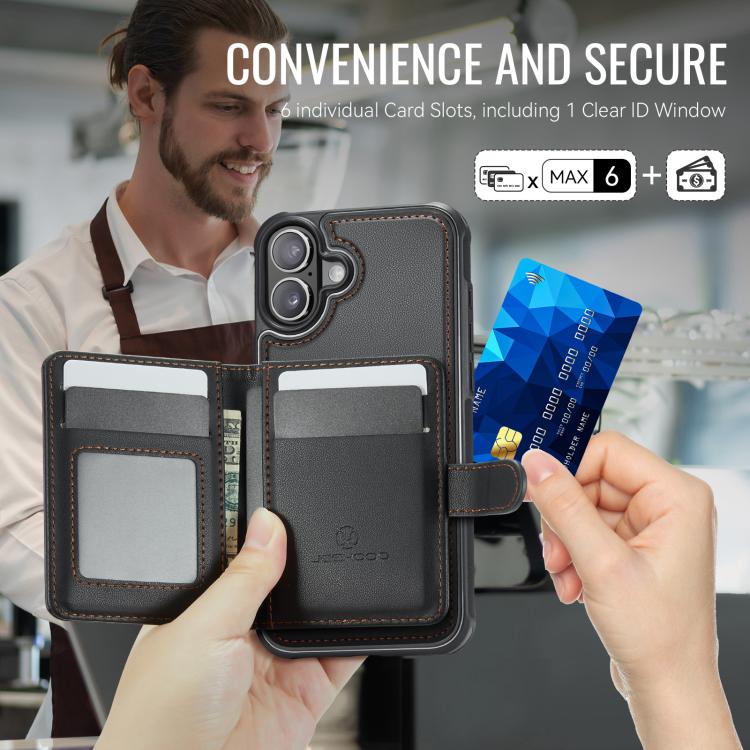 For iPhone 16 Plus JEEHOOD J09 Buckle Card Bag MagSafe Magnetic Style RFID Leather Phone Case