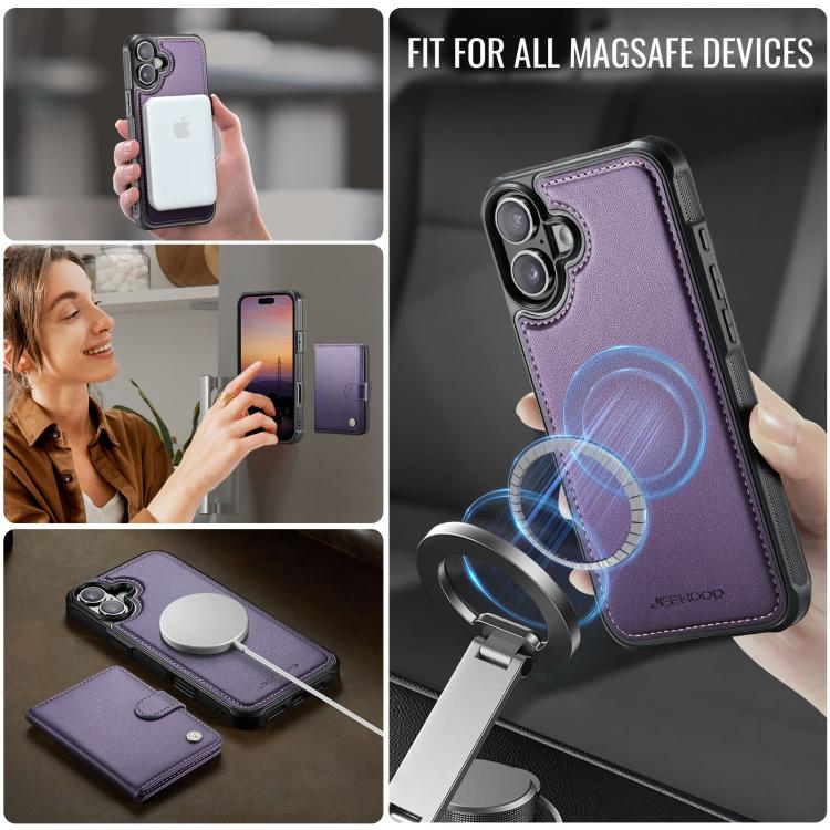 For iPhone 16 JEEHOOD J09 Buckle Card Bag MagSafe Magnetic Style RFID Leather Phone Case