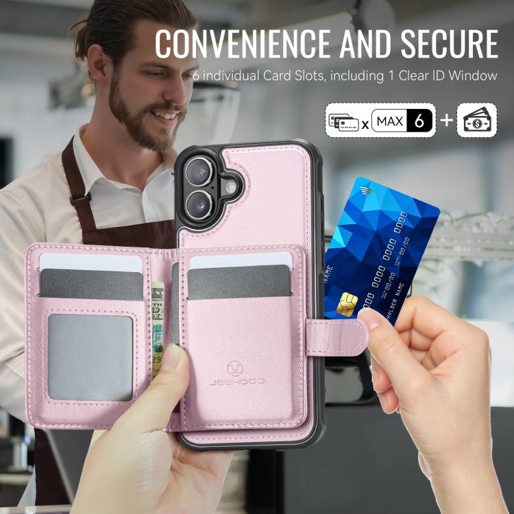 For iPhone 16 JEEHOOD J09 Buckle Card Bag MagSafe Magnetic Style RFID Leather Phone Case