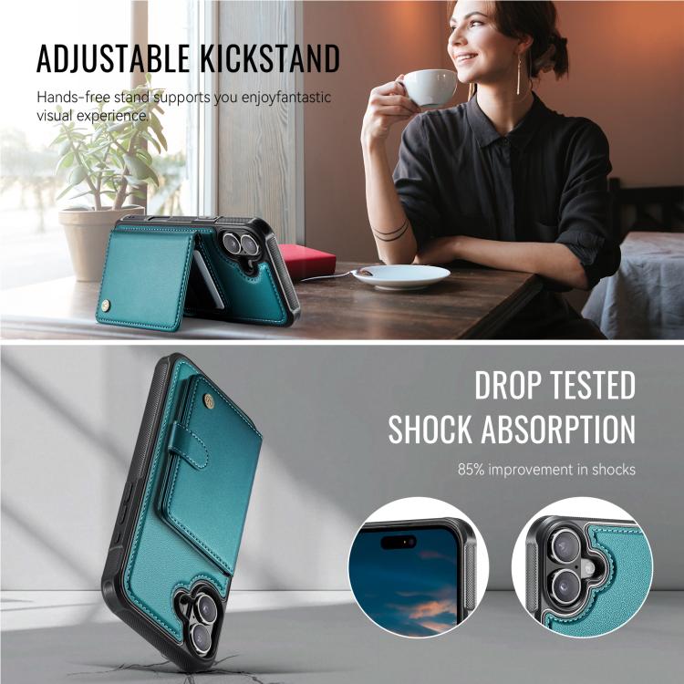 For iPhone 16 JEEHOOD J09 Buckle Card Bag MagSafe Magnetic Style RFID Leather Phone Case