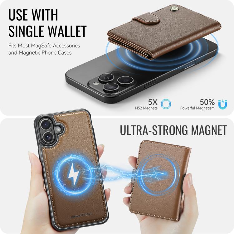 For iPhone 16 JEEHOOD J09 Buckle Card Bag MagSafe Magnetic Style RFID Leather Phone Case