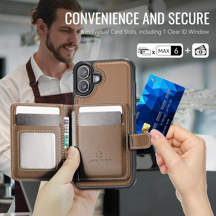 For iPhone 16 JEEHOOD J09 Buckle Card Bag MagSafe Magnetic Style RFID Leather Phone Case