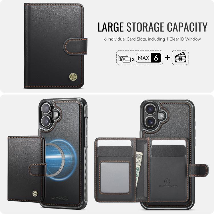 For iPhone 16 JEEHOOD J09 Buckle Card Bag MagSafe Magnetic Style RFID Leather Phone Case