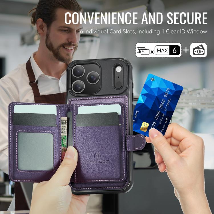 For iPhone 17 Pro Max JEEHOOD J09 Buckle Card Bag MagSafe Magnetic Style RFID Leather Phone Case