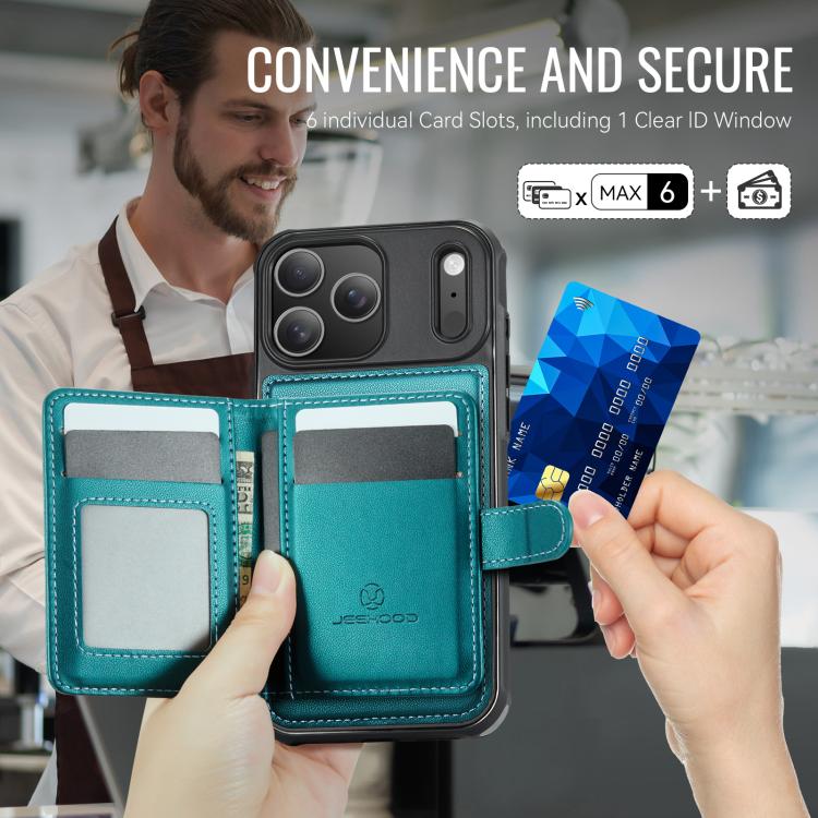 For iPhone 17 Pro JEEHOOD J09 Buckle Card Bag MagSafe Magnetic Style RFID Leather Phone Case