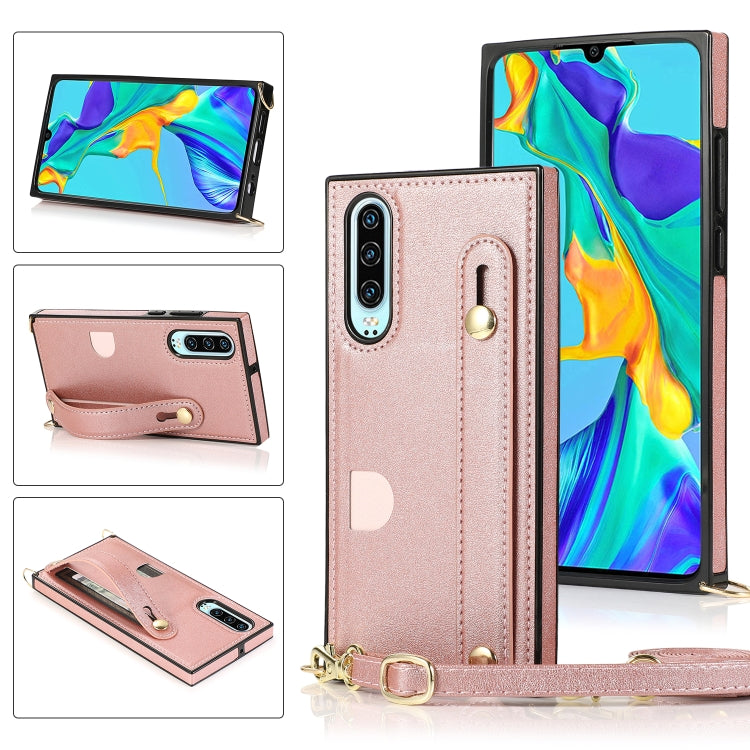 For Huawei P30 Wrist Strap PU+TPU Shockproof Protective Case with Crossbody Lanyard & Holder & Card Slot