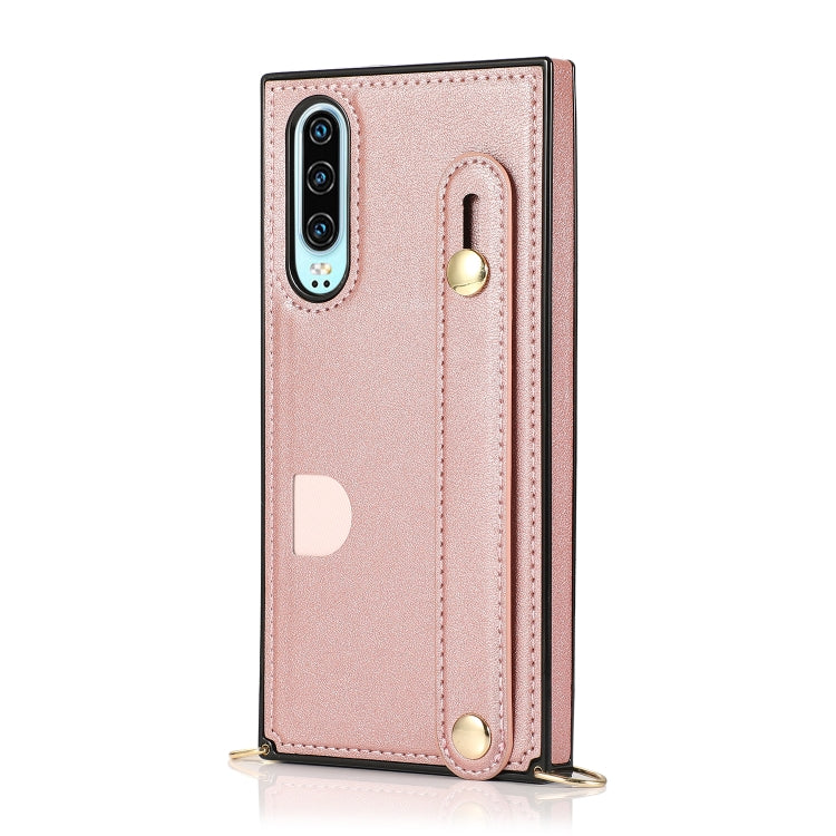 For Huawei P30 Wrist Strap PU+TPU Shockproof Protective Case with Crossbody Lanyard & Holder & Card Slot
