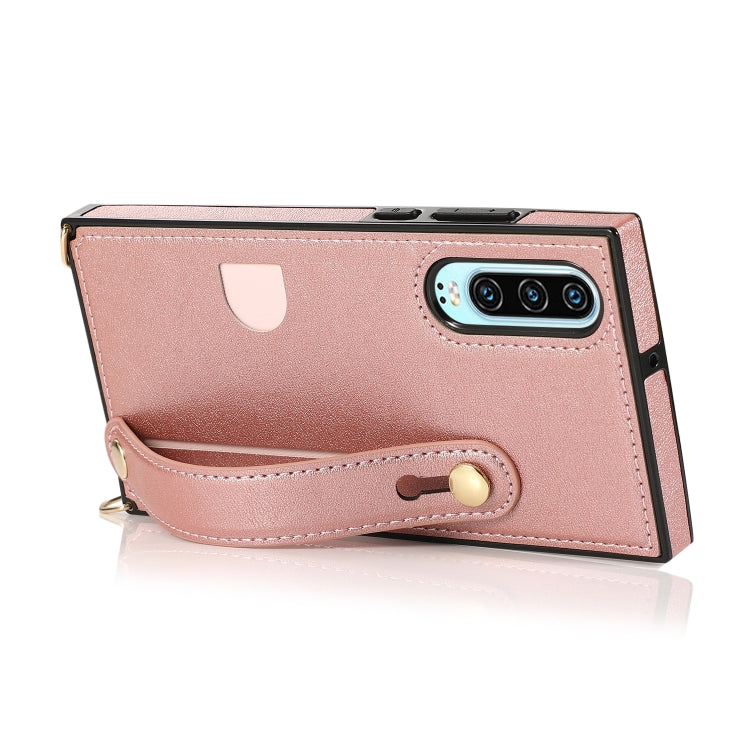 For Huawei P30 Wrist Strap PU+TPU Shockproof Protective Case with Crossbody Lanyard & Holder & Card Slot