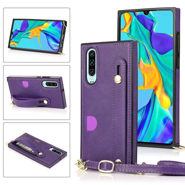 For Huawei P30 Wrist Strap PU+TPU Shockproof Protective Case with Crossbody Lanyard & Holder & Card Slot