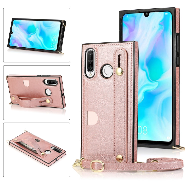 For Huawei P30 Lite Wrist Strap PU+TPU Shockproof Protective Case with Crossbody Lanyard & Holder & Card Slot