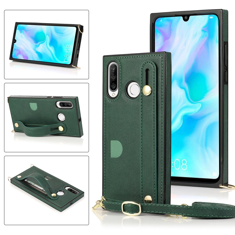 For Huawei P30 Lite Wrist Strap PU+TPU Shockproof Protective Case with Crossbody Lanyard & Holder & Card Slot