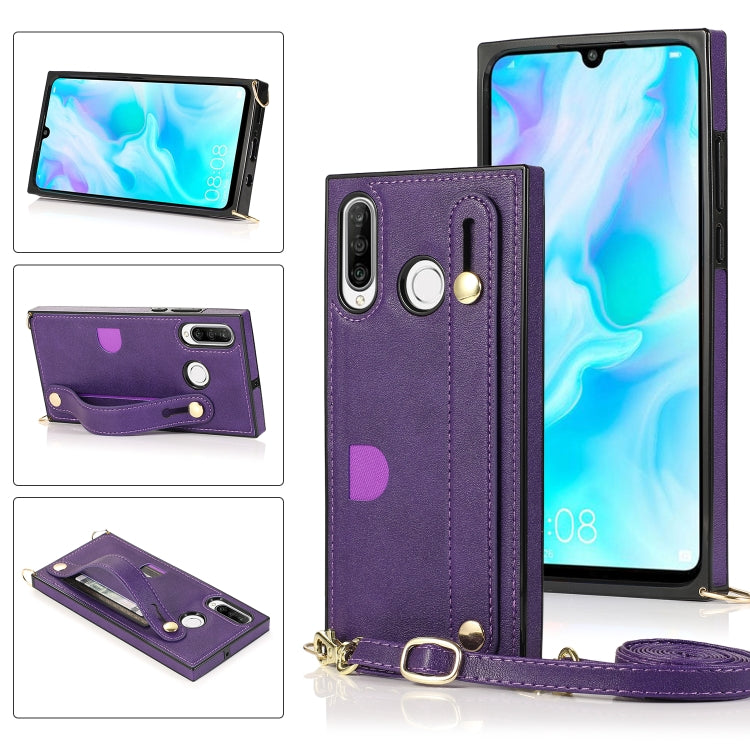 For Huawei P30 Lite Wrist Strap PU+TPU Shockproof Protective Case with Crossbody Lanyard & Holder & Card Slot