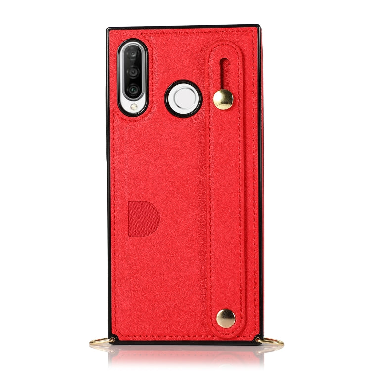 For Huawei P30 Lite Wrist Strap PU+TPU Shockproof Protective Case with Crossbody Lanyard & Holder & Card Slot