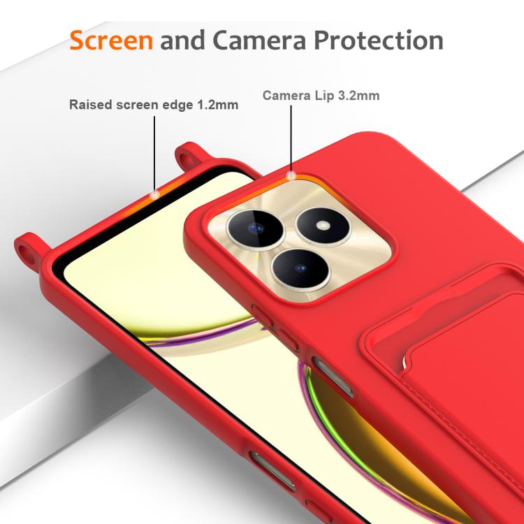 For Realme Narzo N53 4G / Note 50 4G Integrated Card Bag Solid Color Liquid Silicone Phone Case with Lanyard