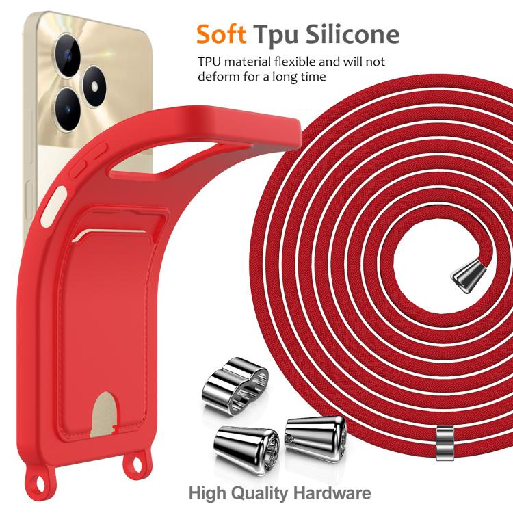 For Realme Narzo N53 4G / Note 50 4G Integrated Card Bag Solid Color Liquid Silicone Phone Case with Lanyard
