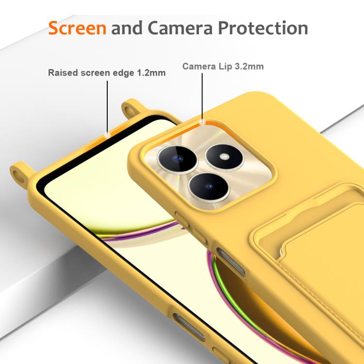 For Realme Narzo N53 4G / Note 50 4G Integrated Card Bag Solid Color Liquid Silicone Phone Case with Lanyard