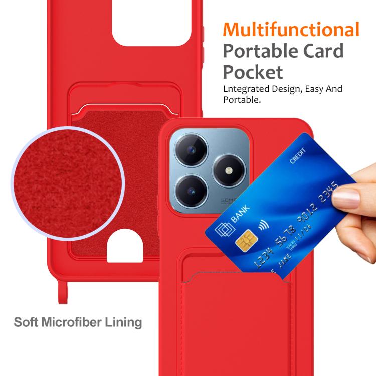 For Realme Note 60 / Note 60x Integrated Card Bag Solid Color Liquid Silicone Phone Case with Lanyard