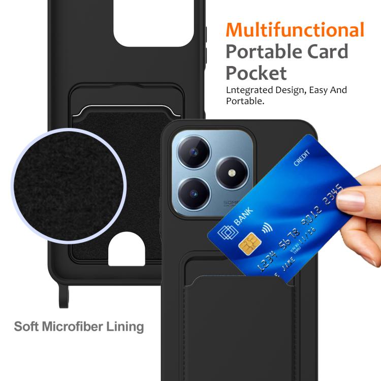 For Realme Note 60 / Note 60x Integrated Card Bag Solid Color Liquid Silicone Phone Case with Lanyard