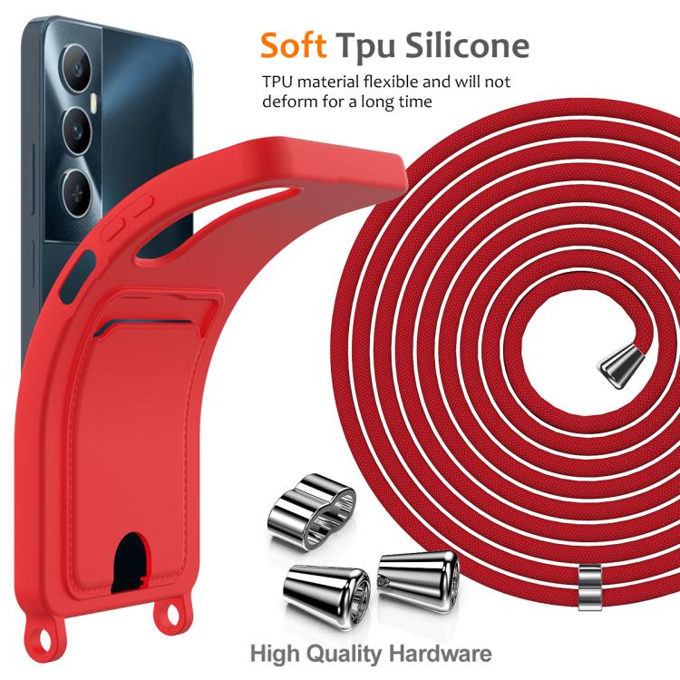 For Realme C65 4G Integrated Card Bag Solid Color Liquid Silicone Phone Case with Lanyard