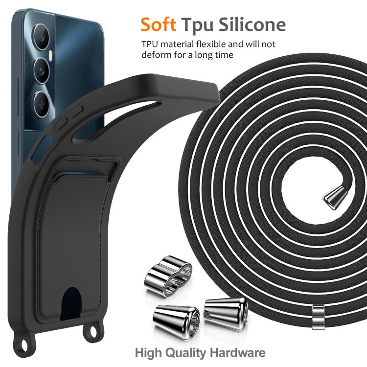For Realme C65 4G Integrated Card Bag Solid Color Liquid Silicone Phone Case with Lanyard