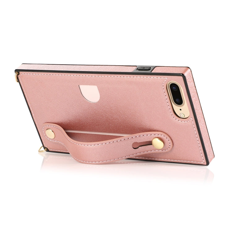 For iPhone 8 Plus / 7 Plus Wrist Strap PU+TPU Shockproof Protective Case with Crossbody Lanyard & Holder & Card Slot
