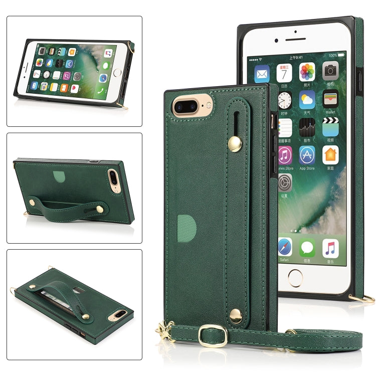 For iPhone 8 Plus / 7 Plus Wrist Strap PU+TPU Shockproof Protective Case with Crossbody Lanyard & Holder & Card Slot