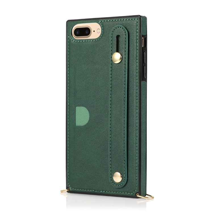 For iPhone 8 Plus / 7 Plus Wrist Strap PU+TPU Shockproof Protective Case with Crossbody Lanyard & Holder & Card Slot