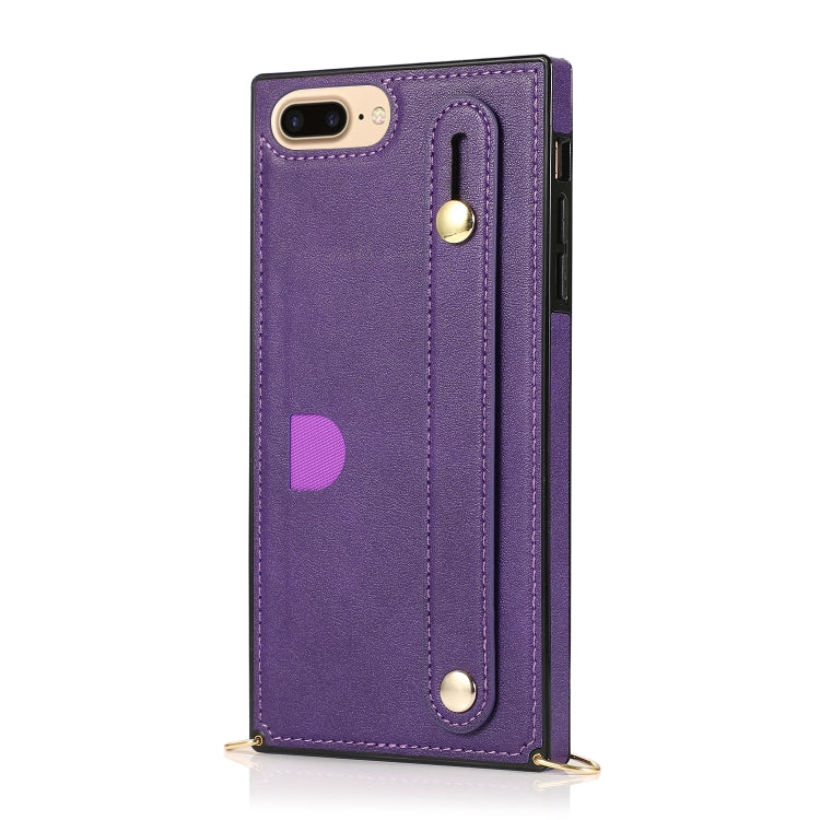 For iPhone 8 Plus / 7 Plus Wrist Strap PU+TPU Shockproof Protective Case with Crossbody Lanyard & Holder & Card Slot