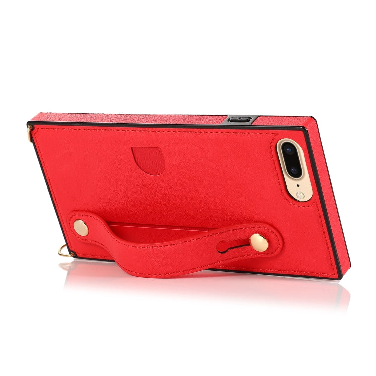 For iPhone 8 Plus / 7 Plus Wrist Strap PU+TPU Shockproof Protective Case with Crossbody Lanyard & Holder & Card Slot