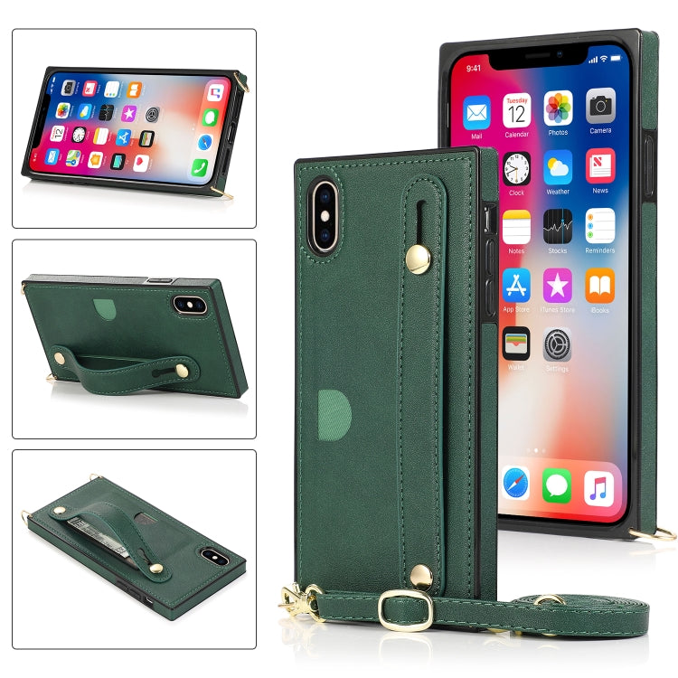 For iPhone X / XS Wrist Strap PU+TPU Shockproof Protective Case with Crossbody Lanyard & Holder & Card Slot