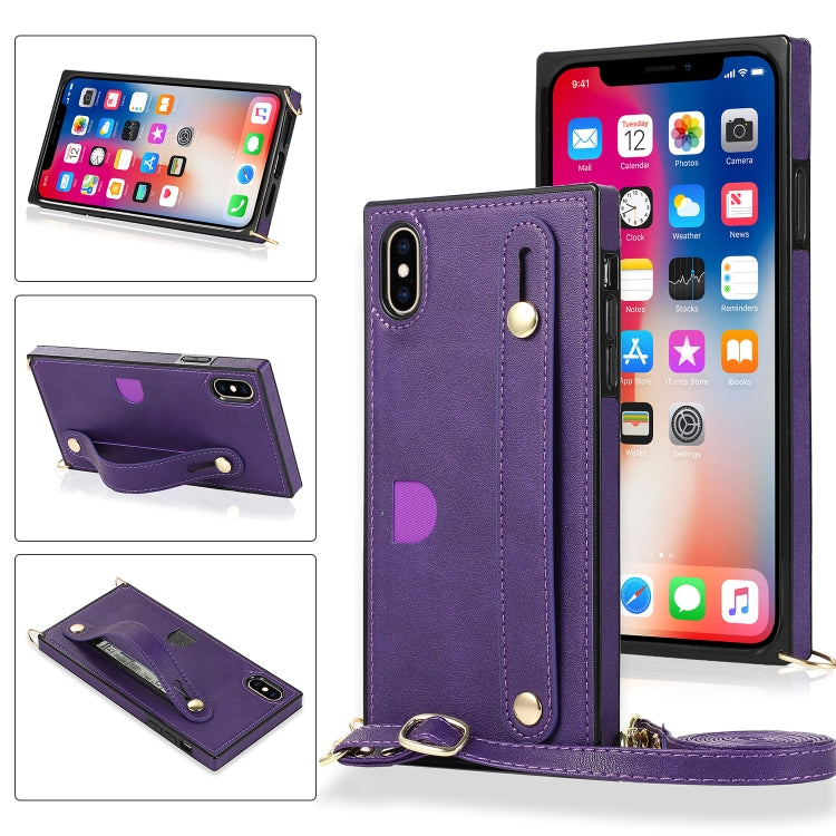 For iPhone X / XS Wrist Strap PU+TPU Shockproof Protective Case with Crossbody Lanyard & Holder & Card Slot