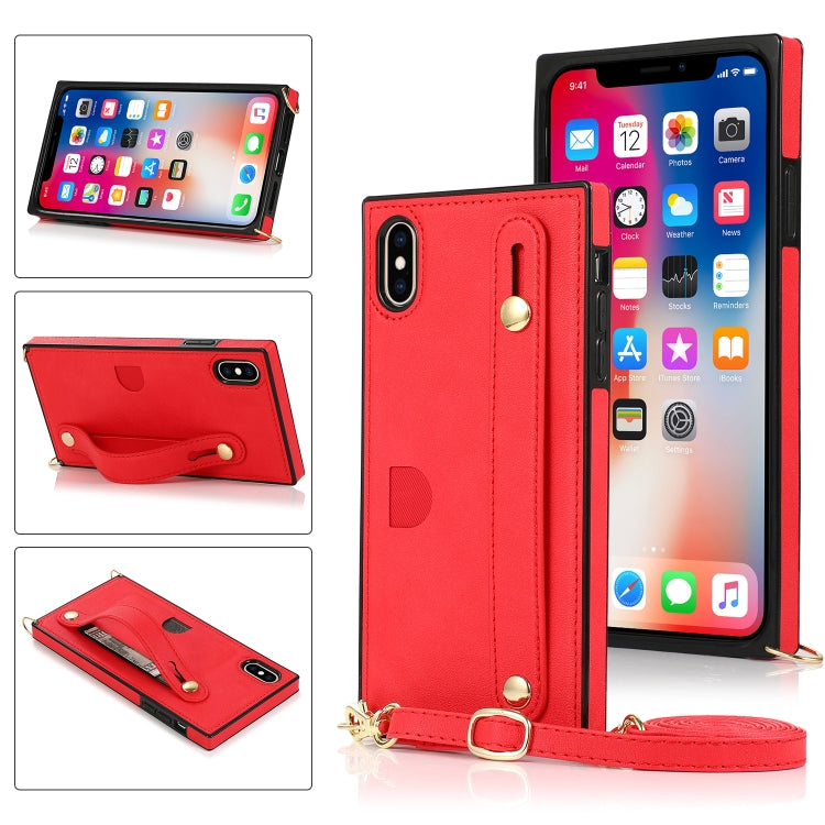 For iPhone X / XS Wrist Strap PU+TPU Shockproof Protective Case with Crossbody Lanyard & Holder & Card Slot