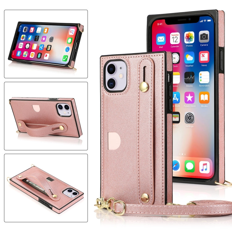For iPhone 11 Wrist Strap PU+TPU Shockproof Protective Case with Crossbody Lanyard & Holder & Card Slot