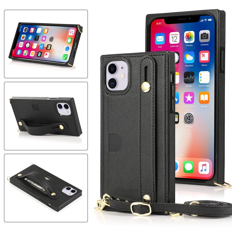 For iPhone 11 Wrist Strap PU+TPU Shockproof Protective Case with Crossbody Lanyard & Holder & Card Slot