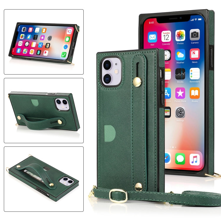 For iPhone 11 Wrist Strap PU+TPU Shockproof Protective Case with Crossbody Lanyard & Holder & Card Slot