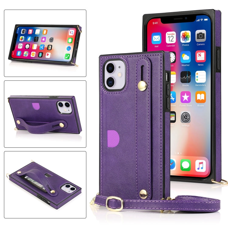 For iPhone 11 Wrist Strap PU+TPU Shockproof Protective Case with Crossbody Lanyard & Holder & Card Slot