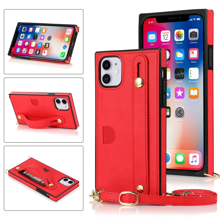 For iPhone 11 Wrist Strap PU+TPU Shockproof Protective Case with Crossbody Lanyard & Holder & Card Slot