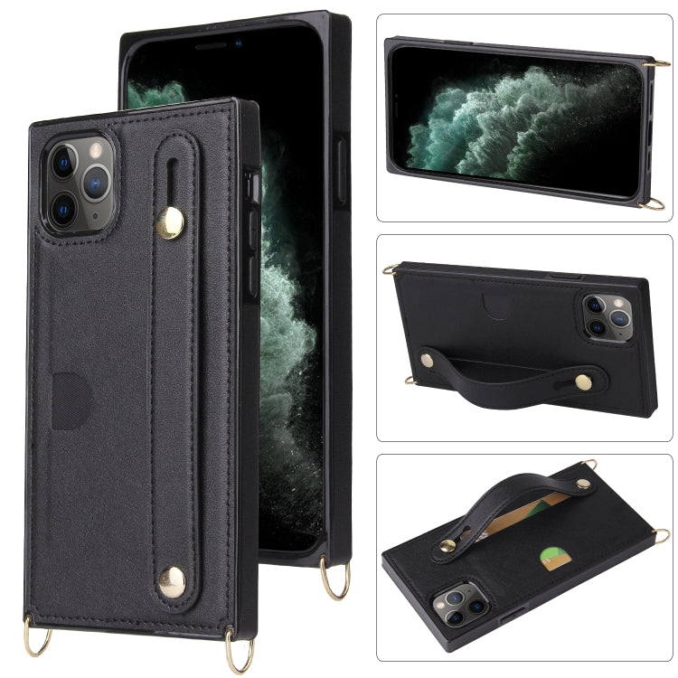 For iPhone 11 Pro Wrist Strap PU+TPU Shockproof Protective Case with Crossbody Lanyard & Holder & Card Slot