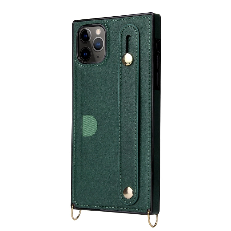 For iPhone 11 Pro Wrist Strap PU+TPU Shockproof Protective Case with Crossbody Lanyard & Holder & Card Slot