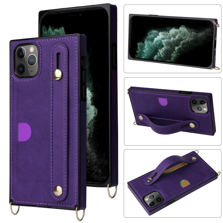 For iPhone 11 Pro Wrist Strap PU+TPU Shockproof Protective Case with Crossbody Lanyard & Holder & Card Slot