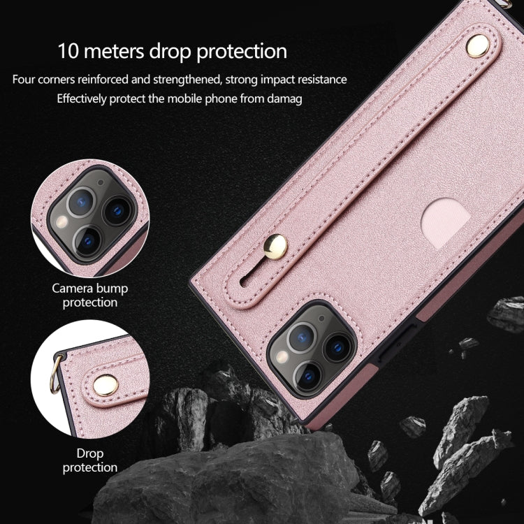 For iPhone 11 Pro Max Wrist Strap PU+TPU Shockproof Protective Case with Crossbody Lanyard & Holder & Card Slot