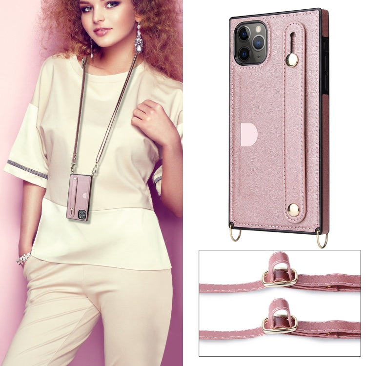 For iPhone 11 Pro Max Wrist Strap PU+TPU Shockproof Protective Case with Crossbody Lanyard & Holder & Card Slot