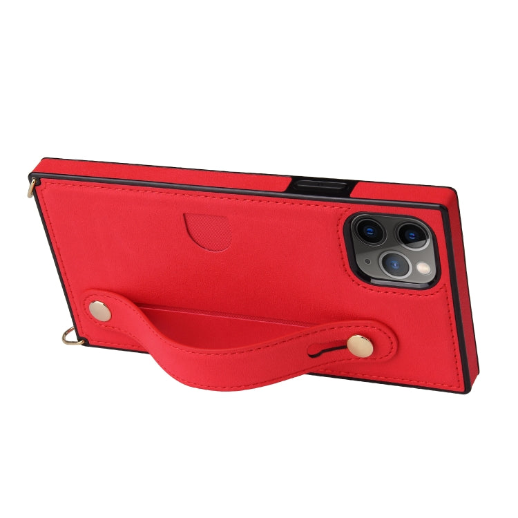 For iPhone 11 Pro Max Wrist Strap PU+TPU Shockproof Protective Case with Crossbody Lanyard & Holder & Card Slot