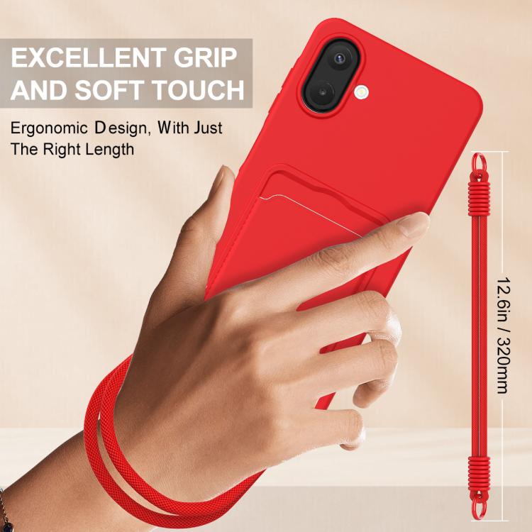 For Samsung Galaxy A07 / M17e / F07e Integrated Card Bag Solid Color Liquid Silicone Phone Case Gen2 with Short Lanyard