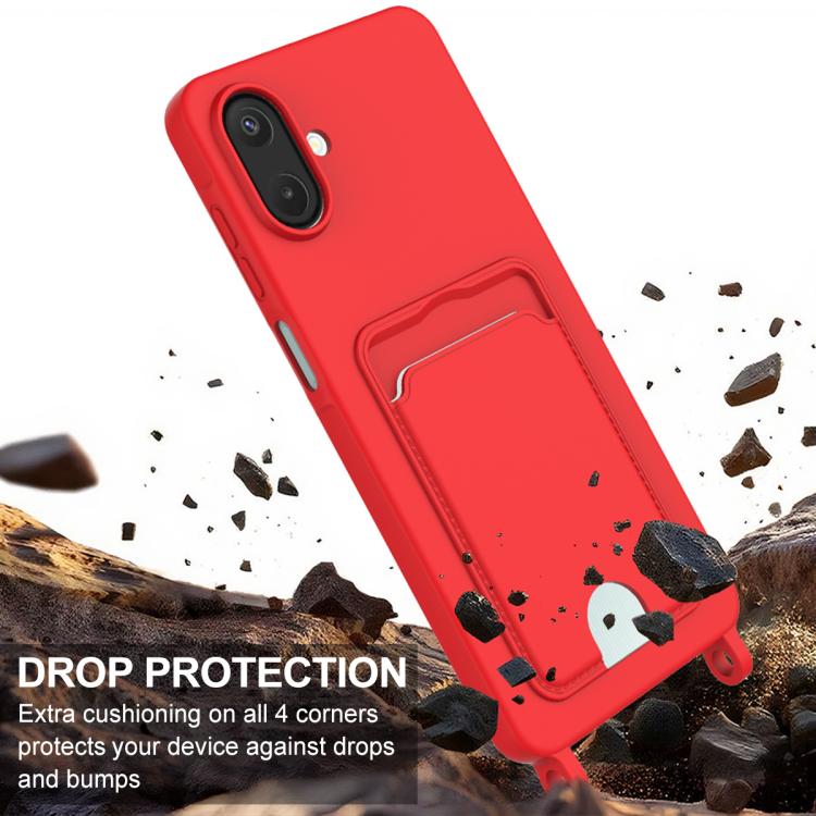 For Samsung Galaxy A07 / M17e / F07e Integrated Card Bag Solid Color Liquid Silicone Phone Case Gen2 with Short Lanyard