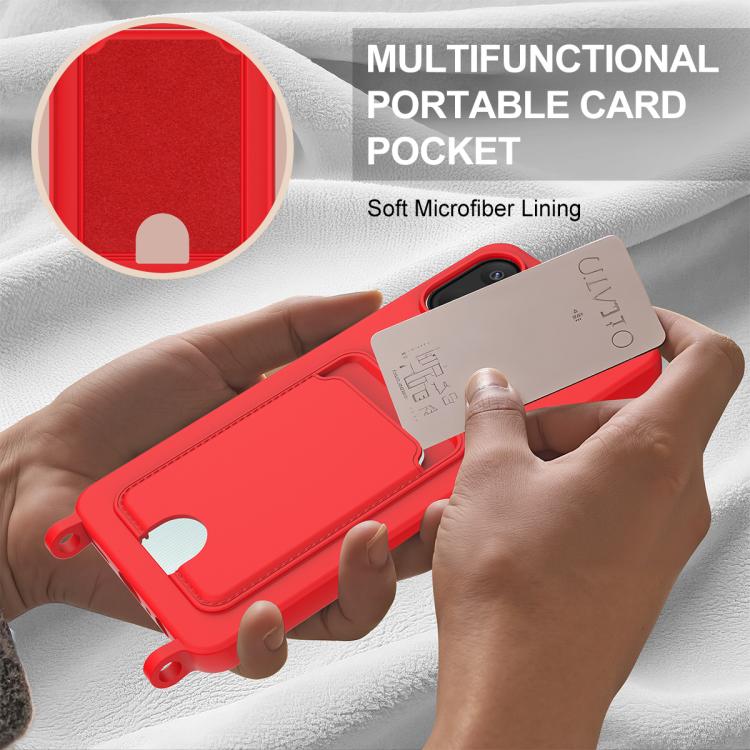 For Samsung Galaxy A07 / M17e / F07e Integrated Card Bag Solid Color Liquid Silicone Phone Case Gen2 with Short Lanyard