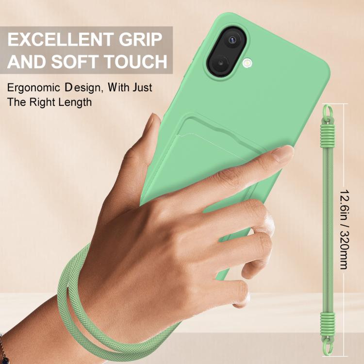 For Samsung Galaxy A07 / M17e / F07e Integrated Card Bag Solid Color Liquid Silicone Phone Case Gen2 with Short Lanyard
